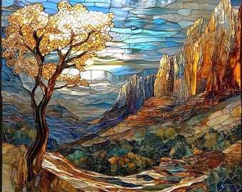 May include: A stained glass artwork depicting a landscape with a large tree in the foreground and a mountain range in the background. The sky is blue with white clouds. The colors are vibrant and the artwork is detailed.