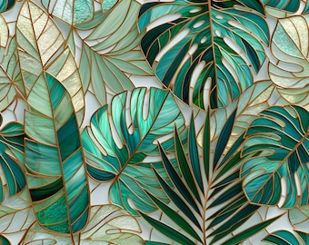 Stained Glass Window Door Film Frosted | PVC Free | Custom size | Green Gold Tropical Leaves