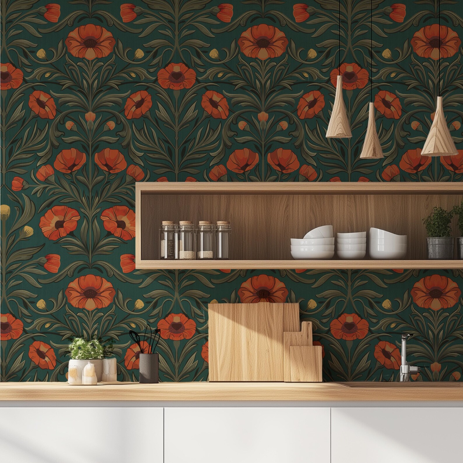 Red Poppy Floral Peel and Stick Wallpaper - Teal Green Botanical - Etsy