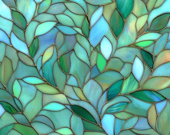 Stained Glass Window Door Film Frosted | PVC Free | Custom size | Pearl Green Leafs