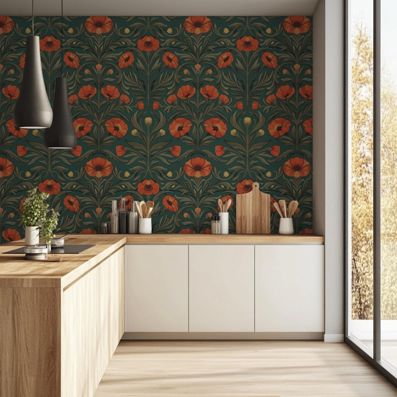 Red Poppy Floral Peel and Stick Wallpaper - Teal Green Botanical - Etsy