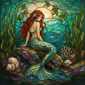 May include: Stained glass artwork of a mermaid with red hair and a green tail, seated on a rock. The background shows a sunset and underwater elements. The artwork uses shades of green, blue, and gold, reminiscent of a seascape.