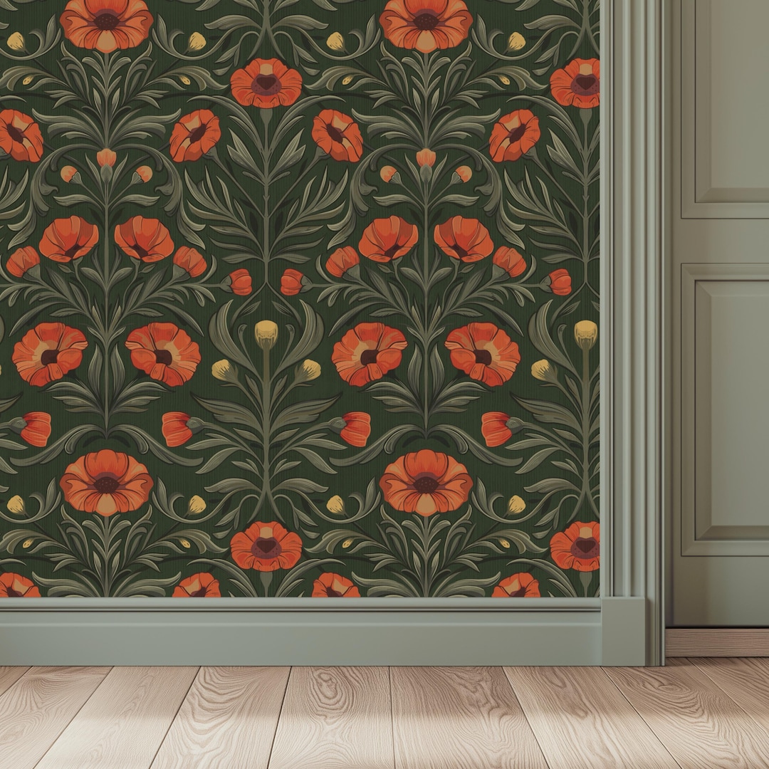 Poppy Floral Peel and Stick Wallpaper – Botanical Dark Green - Etsy UK