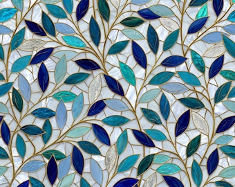 Stained Glass Window Door Film Frosted | PVC Free | Custom size | Blue Gold Leaves