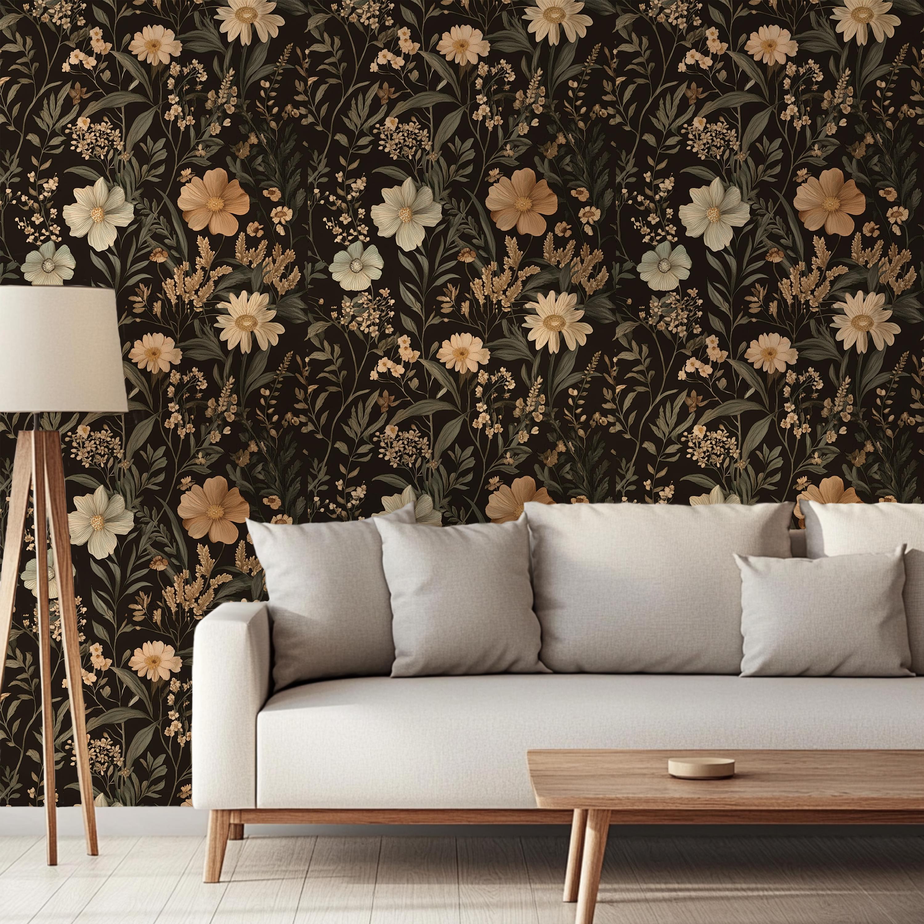 Gothic Botanical Wallpaper – Dark Floral Mural, Peel and Stick - Etsy