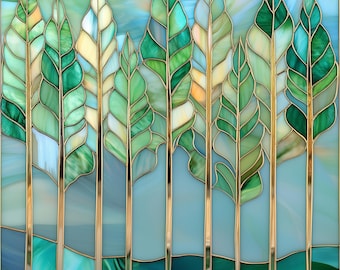 Stained Glass Window Door Film Frosted | PVC Free | Custom size | Gold Trees - 9374Art