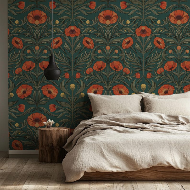 Red Poppy Floral Peel and Stick Wallpaper - Teal Green Botanical - Etsy