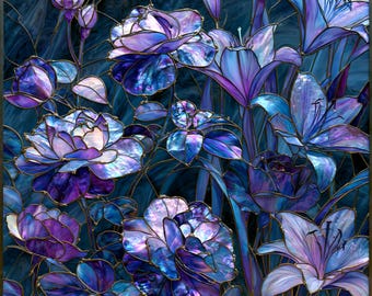 Stained Glass Window Door Film Frosted | PVC Free | Custom size | Purple Gothic Roses and lilies