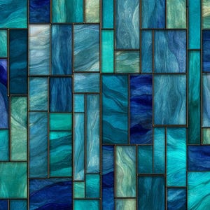 May include: Abstract mosaic pattern in shades of teal, turquoise, and navy blue. The design features rectangular and square shapes with a marbled effect, framed by thin, dark lines. The overall effect is a textured, artistic composition.