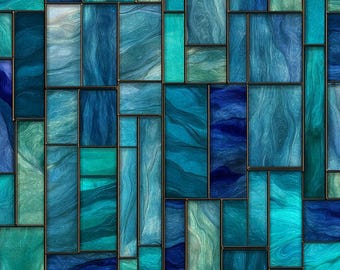 Stained Glass Window Door Film Frosted | PVC Free | Custom size | Geometric Aqua Turquoise Deep Blue