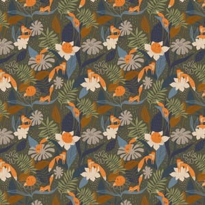 Fox Jungle Wallpaper | Dark Floral Forest Mural, Eco Linen