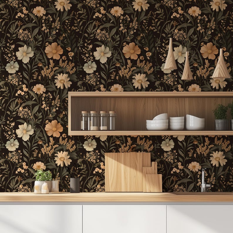 Gothic Botanical Wallpaper – Dark Floral Mural, Peel and Stick - Etsy