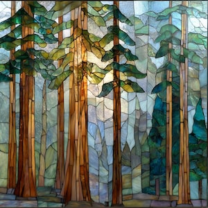 May include: A stained glass panel depicting a forest scene with tall, vertical brown tree trunks and layered green foliage. The background features light blue and white glass segments, creating a bright, translucent effect throughout the piece.