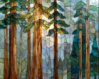 Stained Glass Forest Window Film Pine Tree Privacy Window Cover Woodland Frosted Custom Size Nature Glass Art Reusable Privacy Film