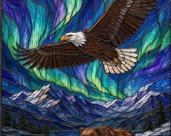Stained Glass Window Door Film Frosted | PVC Free | Custom size | Northern Lights Bear Eagle
