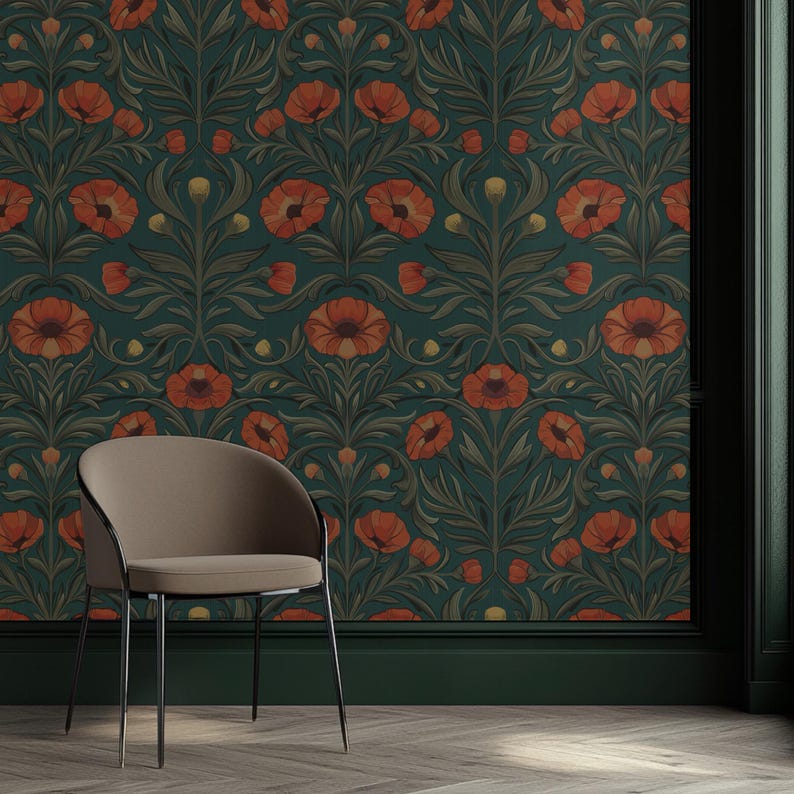 Red Poppy Floral Peel and Stick Wallpaper - Teal Green Botanical - Etsy