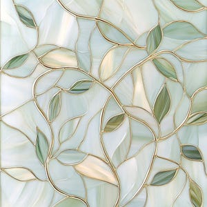 May include: Stained glass panel featuring a botanical design. The artwork showcases a network of gold-colored metal lines forming the outlines of leaves and stems. The leaves are filled with shades of green, white, and cream, creating a textured, translucent effect.
