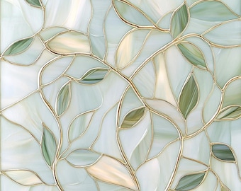Stained Glass Window Door Film Frosted | PVC Free | Custom size | Pearl Green Leafs