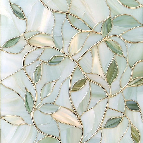Stained Glass Window Door Film Frosted | PVC Free | Custom size | Pearl Green Leafs