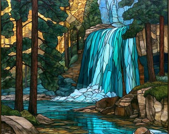 Stained Glass Window Door Film Frosted | PVC Free | Custom size | Hidden Forest Waterfall - 362Art