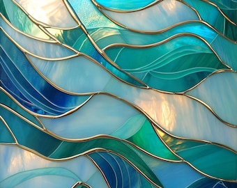 Stained Glass Window Door Film Frosted | PVC Free | Custom size | Turquoise Wave Lines