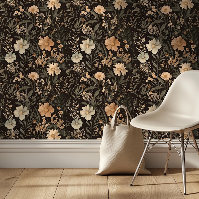 Gothic Botanical Wallpaper – Dark Floral Mural, Peel and Stick - Etsy