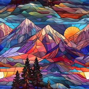 Mountain Sunset Stained Glass Window Film | Custom Size, Privacy