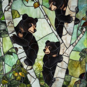 May include: Stained glass panel depicting three black bear cubs climbing birch trees. The artwork features a vibrant color palette of greens, browns, and whites, with detailed rendering of the bears and foliage. A nature-themed decorative piece.