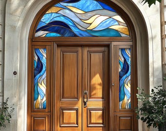Blue Waves Stained Glass Window Film | Abstract Gold Lines, Custom Size