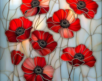 Stained Glass Window Door Film Frosted | PVC Free | Custom size | Pearl Red Poppies