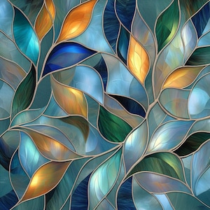 May include: A stained glass panel featuring an intricate pattern of overlapping leaf shapes. The design uses a palette of deep blue, teal, and golden yellow glass segments, each outlined with thin, dark metallic lead lines throughout.