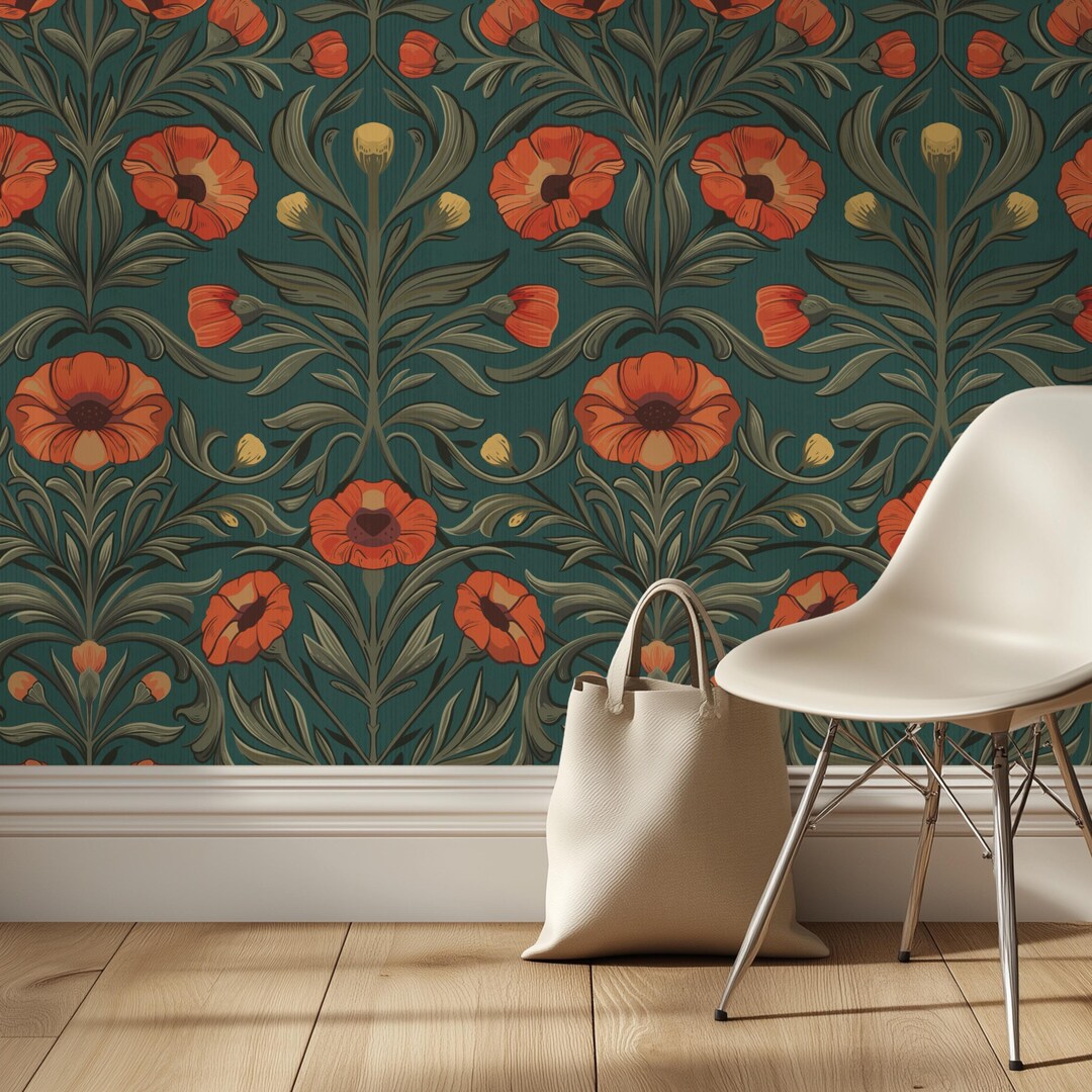 Red Poppy Floral Peel and Stick Wallpaper - Teal Green Botanical - Etsy
