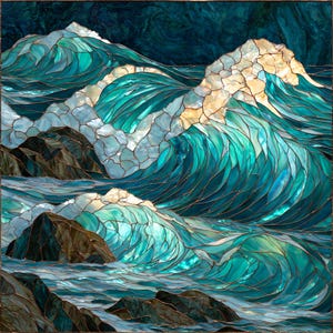 May include: A stained glass panel depicting a turbulent ocean scene with crashing waves in shades of teal, turquoise, and deep blue. The composition features white foam crests, dark brown rocky formations, and dark blue water textures.