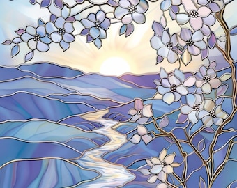 Stained Glass Window Door Film Frosted | PVC Free | Custom size | Light Purple Nature Mountain