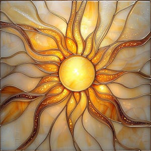 May include: A stained glass sunburst design with a bright yellow center and radiating golden-orange rays. The sun's rays are outlined with dark brown lines, creating a striking contrast against the lighter background. The design is encased in a square frame.