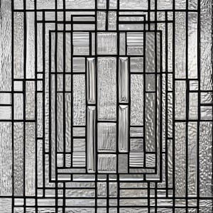 May include: A decorative window panel with a geometric design. The panel features a grid of black lines that frame various textured glass pieces in shades of silver and clear. The glass has a variety of patterns, including horizontal lines and textured surfaces.