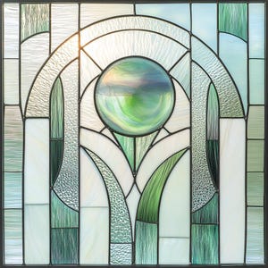 May include: Stained glass window panel with a floral design. The panel features a central green orb, surrounded by white, green, and blue glass pieces. The design includes curved lines and geometric shapes, creating a decorative and artistic piece.