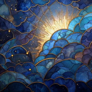 May include: Abstract stained glass art featuring a sunrise with golden rays and a backdrop of blue and purple clouds. The artwork has a mosaic-like appearance with gold outlines, creating a celestial and artistic design.