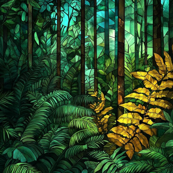 Stained Glass Window Door Film Frosted | PVC Free | Custom size | Tropical Jungle Is Dark Green - 155ART