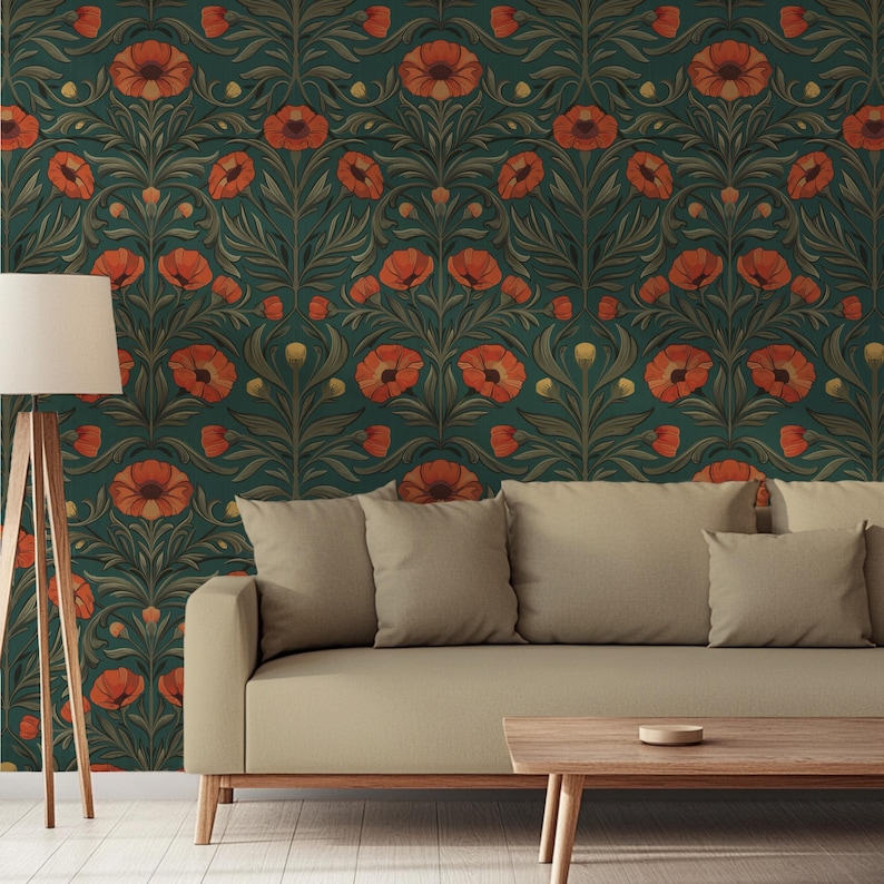 Red Poppy Floral Peel and Stick Wallpaper - Teal Green Botanical - Etsy