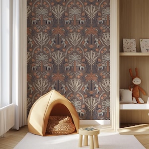 Indian Elephant Wallpaper Peel and Stick or Unpasted | Boho Safari Wall Mural | Eco Linen Wall Art for Nursery, Bedroom, Living Room