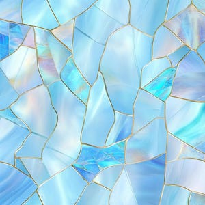 May include: A seamless pattern of blue and turquoise iridescent glass tiles with gold grout lines. The tiles are arranged in a random pattern, creating a unique and eye-catching design.