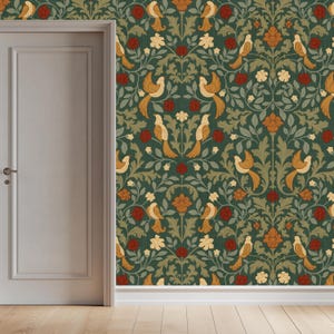 May include: A green wallpaper with a repeating pattern of stylised birds, flowers, and leaves. The birds are yellow and orange with long tails. The flowers are red and white. The leaves are green and brown.