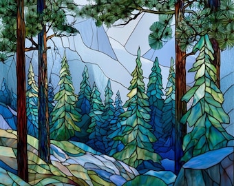 Stained Glass Forest Window Film Privacy Window Cover Woodland Frosted Custom Size Nature Glass Art Reusable Privacy Film - 748Art