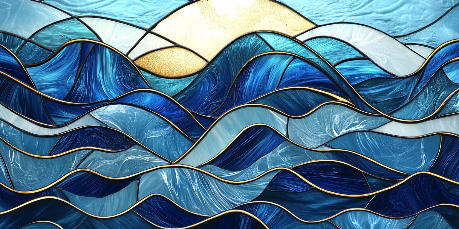 Película para puerta de vitral esmerilada / Sin PVC / Tamaño personalizado / Abstracción con ondas azules brillantes y líneas doradas - 160ART