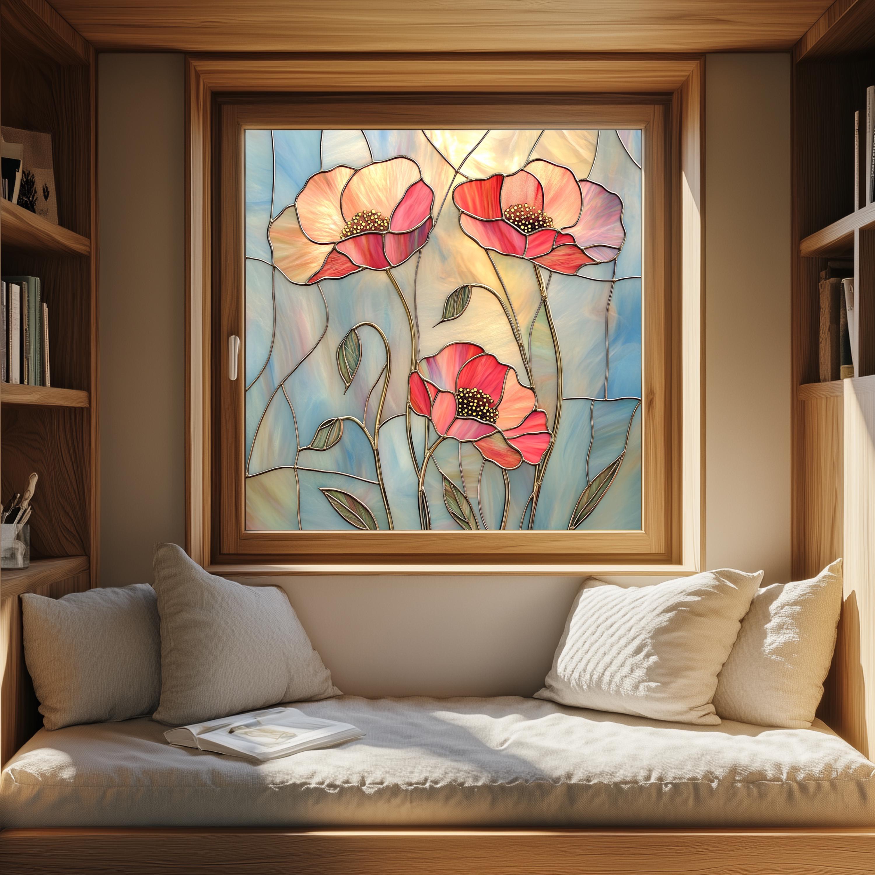 Stained Glass Window Door Film Frosted | PVC Free | Custom size | Warm Red Poppies - 35ART