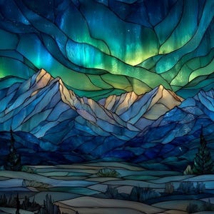 May include: Stained glass artwork depicting a mountain range under a vibrant aurora borealis. The piece features shades of blue, green, and yellow, with detailed lines defining the landscape and sky. The artwork evokes a sense of wonder.