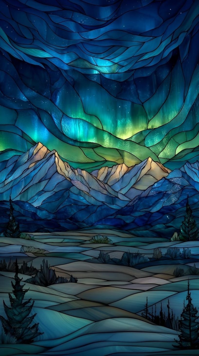 May include: Stained glass artwork depicting a mountain range under a vibrant aurora borealis. The piece features shades of blue, green, and yellow, with detailed lines defining the landscape and sky. The artwork evokes a sense of wonder.