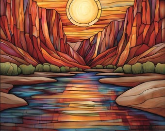 Puede incluir: Una pintura al estilo de vitral que representa un paisaje de cañón con un río que fluye a través de él. El sol se pone detrás de las paredes del cañón, proyectando un brillo cálido sobre la escena. El río es de un azul vibrante, reflejando los colores del cielo y las paredes del cañón.