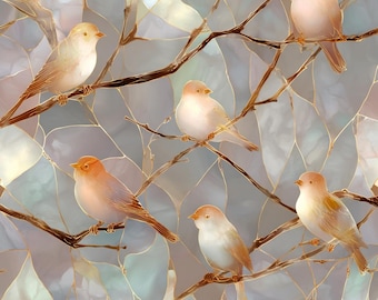 Stained Glass Window Door Film Frosted | PVC Free | Custom size | Delicate Birds On Thin Branches
